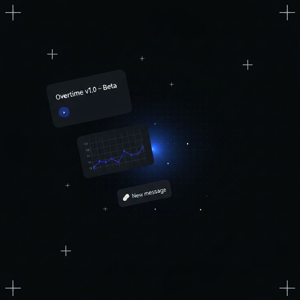Floating UI fragments showing Overtime v1.0 and Steddi Labs product previews